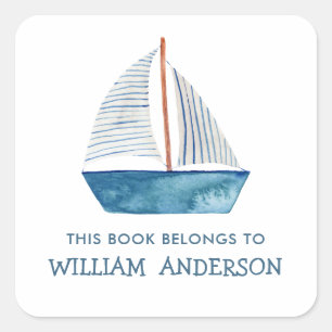 Nautical Blue Boat Boys Personalised School  Square Sticker