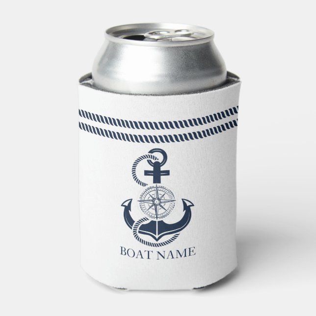 Nautical Blue Boat Name Anchor Can Cooler (Can Front)