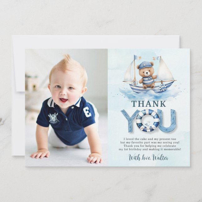 Nautical Blue Boat Teddy Bear Boy Birthday Photo Thank You Card (Front)