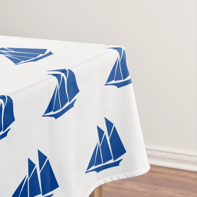 Nautical blue  boats pattern modern summer tablecloth (In Situ)