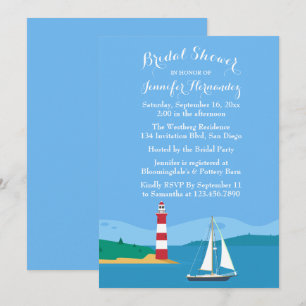 Nautical Blue Bridal Shower Lighthouse & Sailboat Invitation