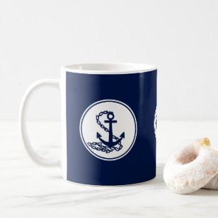 Nautical Blue Coffee Mug, Anchor And Ship's Wheel Coffee Mug
