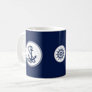 Nautical Blue Coffee Mug, Anchor And Ship's Wheel Mug