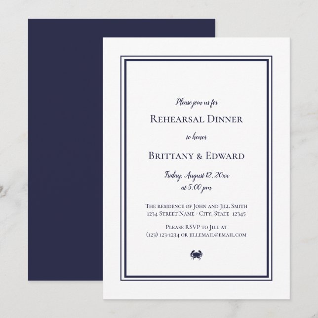 Nautical Blue Crab Rehearsal Dinner Invitations (Front/Back)