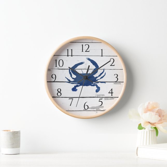 Nautical Blue Crab Shiplap Rustic Decor Clock (Home)