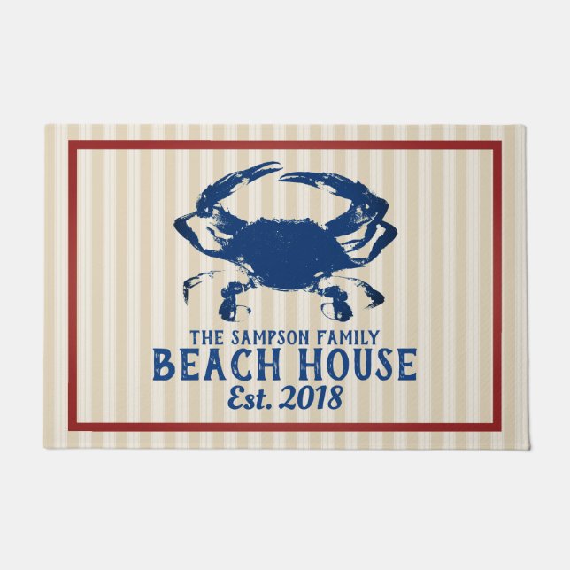 Nautical Blue Crab & Stripes Beach House Doormat (Front)