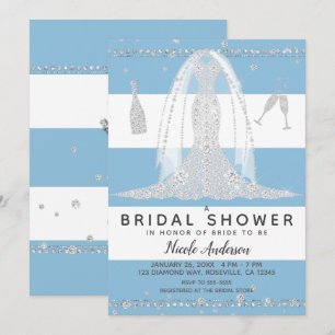 Nautical Blue Diamond Wedding Dress Bridal Shower Invitation
