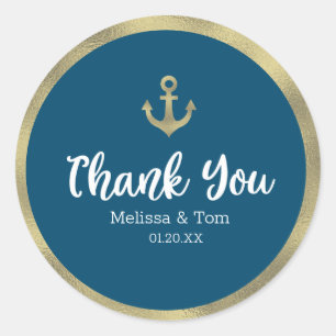 Nautical Blue Faux Foil Anchor Wedding Thank You Classic Round Sticker