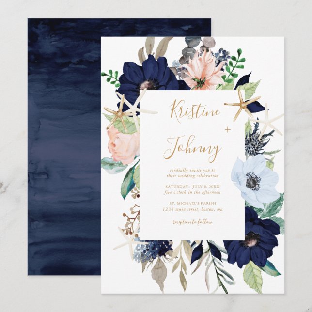 Nautical Blue Floral Gold Starfish Script Wedding Invitation (Front/Back)