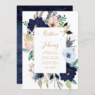 Nautical Blue Floral Gold Starfish Script Wedding Invitation