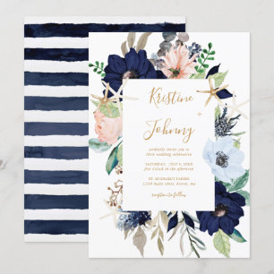 Nautical Blue Floral Gold Starfish Striped Wedding Invitation