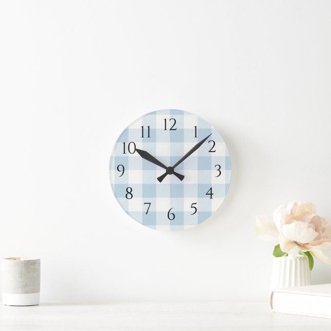 Nautical Blue Gingham Check Pattern Round Clock (Home)