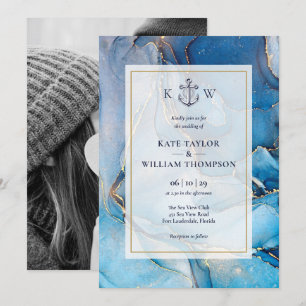 Nautical Blue Gold Agate Monogram Wedding Photo Invitation