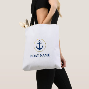 Nautical Blue Gold Anchor Boat Name White Tote