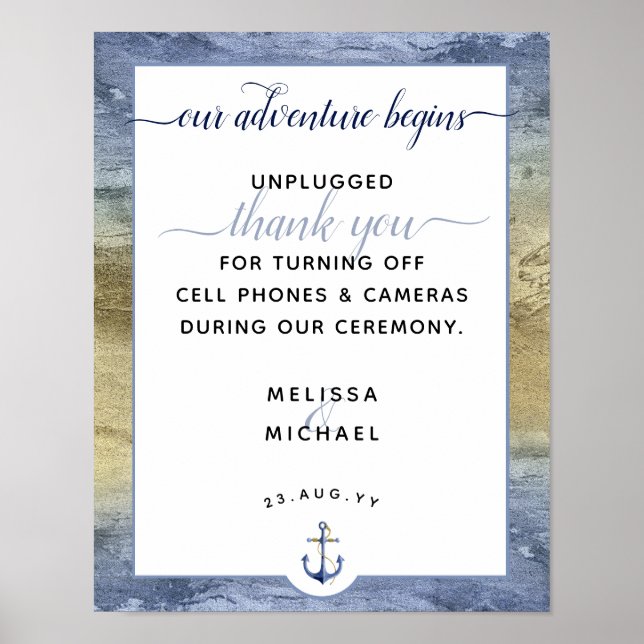 Nautical Blue & Gold Unplugged Wedding Sign (Front)