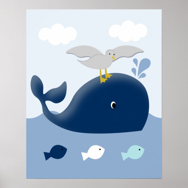 Nautical Blue Grey Whale Nursery Art Print (Front)