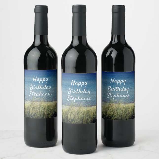 Nautical Blue Happy Birthday Beach Landscape Cool Wine Label (Bottles)