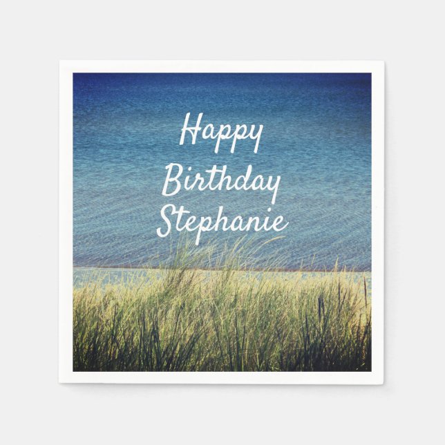 Nautical Blue Happy Birthday Beach Landscape Cute Napkin (Front)