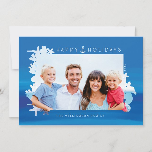 Nautical Blue Happy Holidays Ocean Photo Frame Holiday Card (Front)