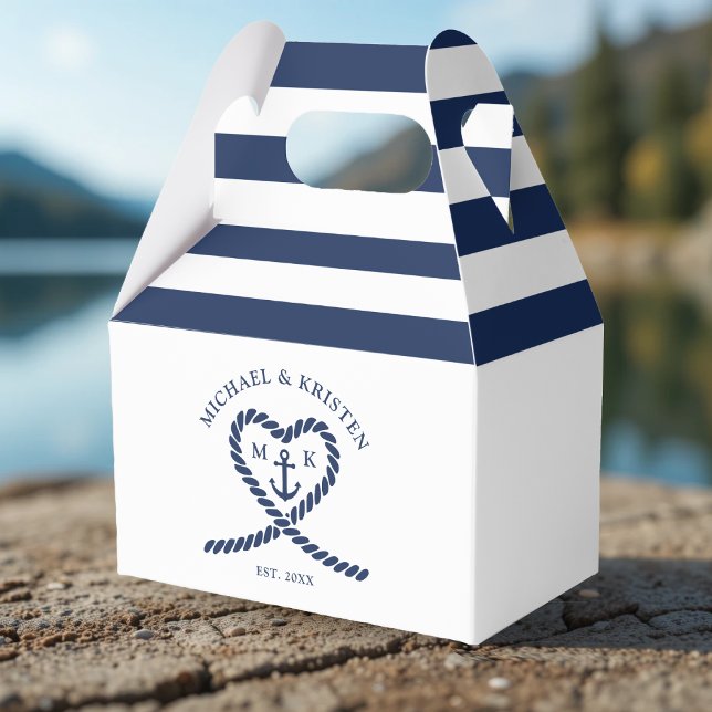 Nautical Blue Heart Anchor Striped Wedding  Favour Box (Nautical Blue Heart Anchor Striped Wedding Favor Boxes
)