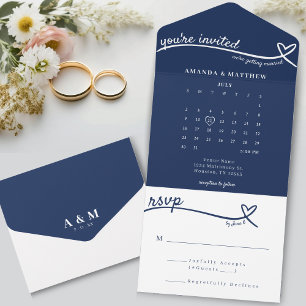Nautical Blue Heart Monogram Calendar Wedding  All In One Invitation