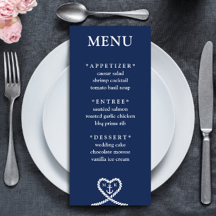 Nautical Blue Heart Rope Monogram Wedding Menu
