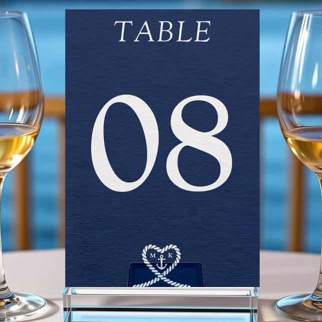 Nautical Blue Heart Rope Monogram Wedding Table Number (Creator Uploaded)