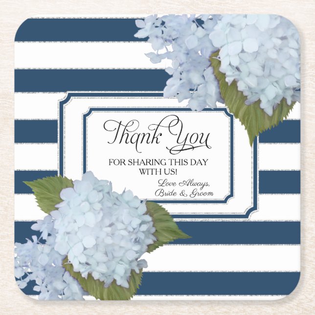 Nautical Blue Hydrangea White Striped Floral Art Square Paper Coaster (Front)