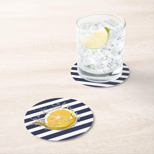 Nautical Blue Lemonade Round Paper Coaster (Insitu)