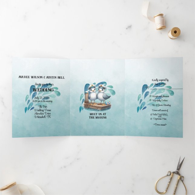 Nautical Blue Marina Style Wedding  Tri-Fold Invitation (Inside)