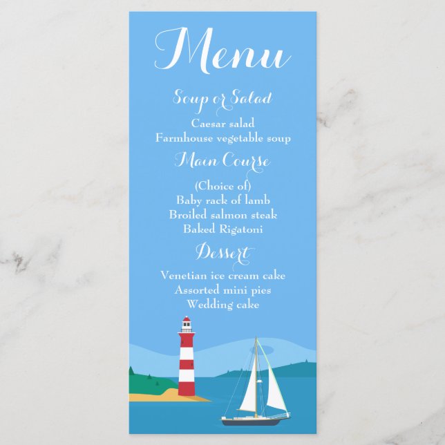 Nautical Blue Menu Sailboat & Lighthouse Wedding (Front)