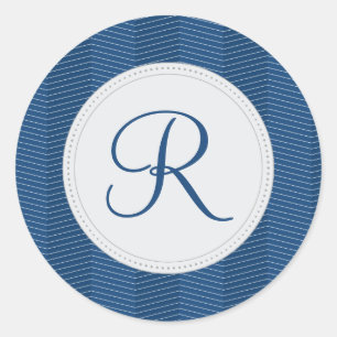Nautical Blue Monogram Thin Chevron Pattern Classic Round Sticker
