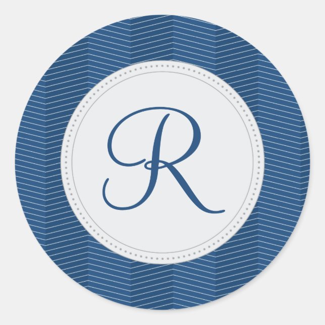 Nautical Blue Monogram Thin Chevron Pattern Classic Round Sticker (Front)