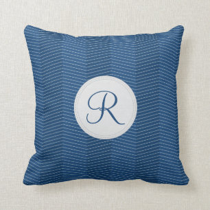 Nautical Blue Monogram Thin Chevron Pattern Cushion
