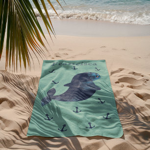 Nautical Blue Navy Anchors Cute Kawaii Whale Beach Towel