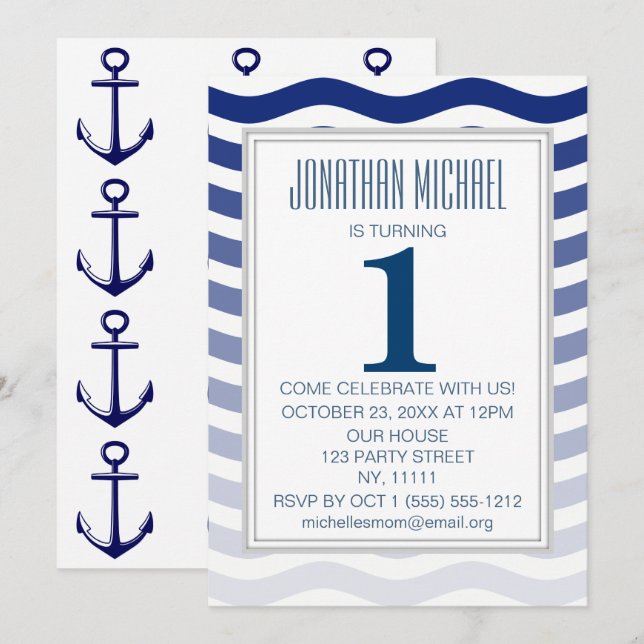 Nautical Blue Ombre Wave Anchor First Birthday Invitation (Front/Back)