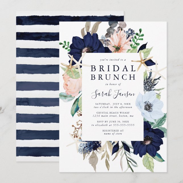 Nautical Blue Pink Watercolor Floral Bridal Brunch Invitation (Front/Back)