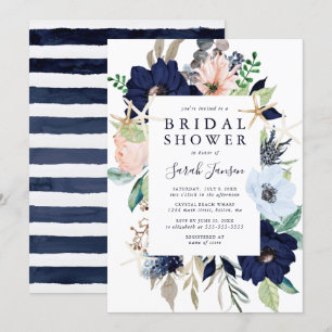 Nautical Blue Pink Watercolor Floral Bridal Shower Invitation