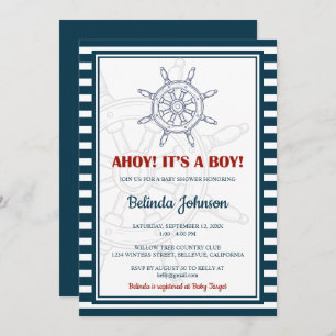 Nautical Blue & Red Baby Shower Invitation