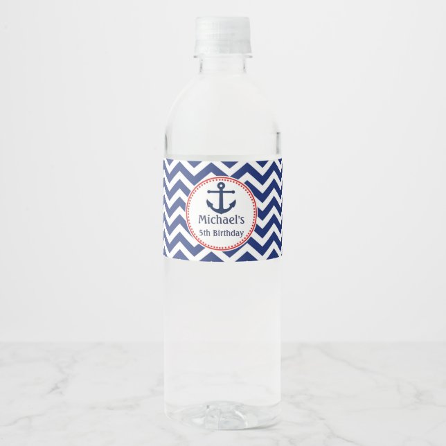 Nautical Blue Red Birthday Bottle Wrapper Label (Front)