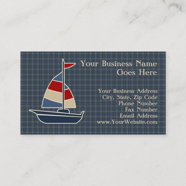 Nautical Blue, Red, Cream Sailboat Custom Business Card (Front)