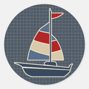 Nautical Blue, Red, Cream Sailboat Custom Classic Round Sticker