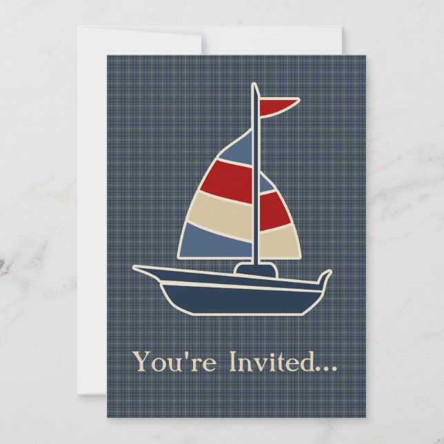 Nautical Blue, Red, Cream Sailboat Custom Invitation (Front)