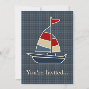 Nautical Blue, Red, Cream Sailboat Custom Invitation