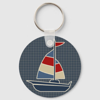 Nautical Blue, Red, Cream Sailboat Custom Key Ring