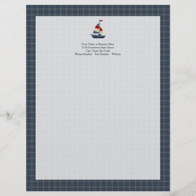 Nautical Blue, Red, Cream Sailboat Custom Letterhead (Front)
