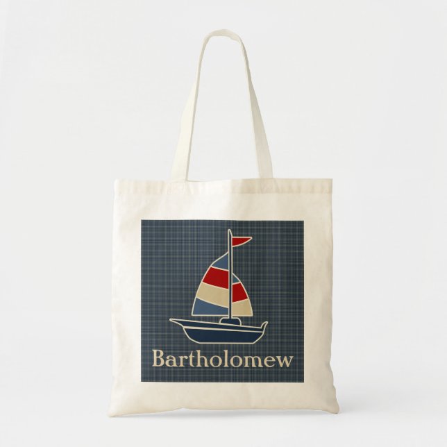 Nautical Blue, Red, Cream Sailboat Custom Tote Bag (Front)
