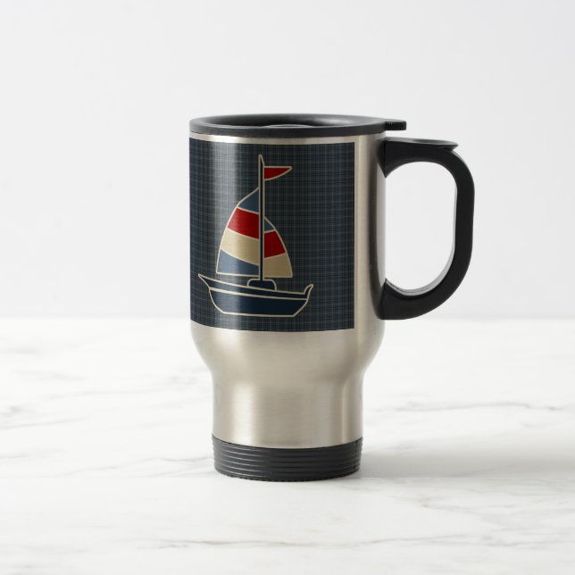Nautical Blue, Red, Cream Sailboat Custom Travel Mug (Right)