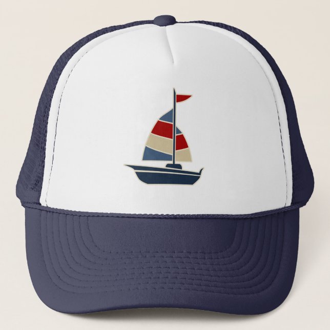 Nautical Blue, Red, Cream Sailboat Custom Trucker Hat (Front)