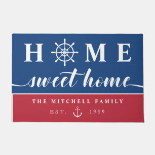 Nautical Blue Red Home Sweet Home Add Name Doormat